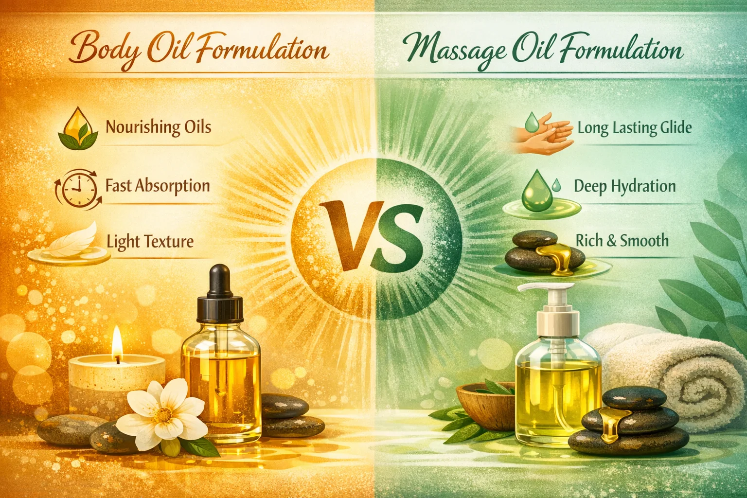 Infographic comparing body oil and massage oil formulations with attributes like nourishing oils, absorption, texture, glide, hydration, and smoothness.